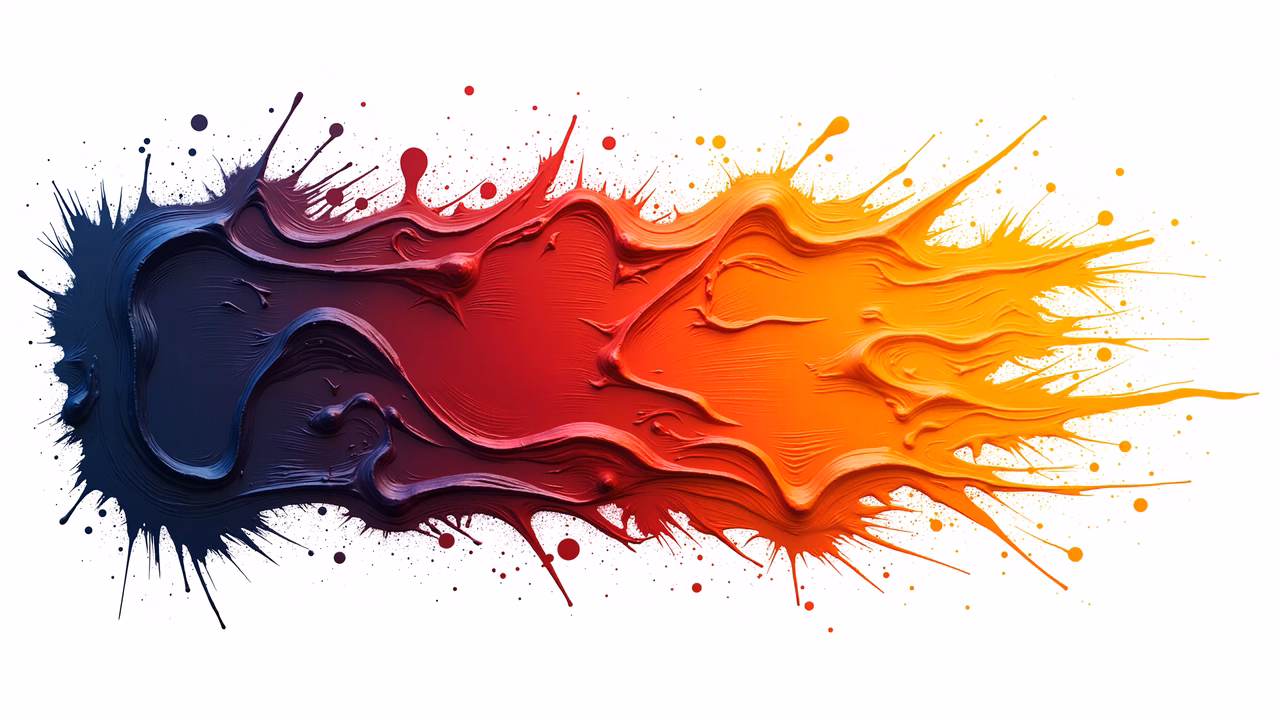 Vibrant abstract painting with bold color contrasts and dynamic splashes.