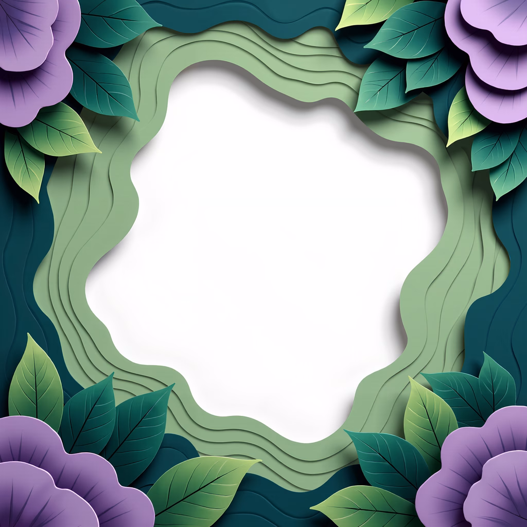Vibrant paper cutout frame with green wavy patterns and purple flowers.