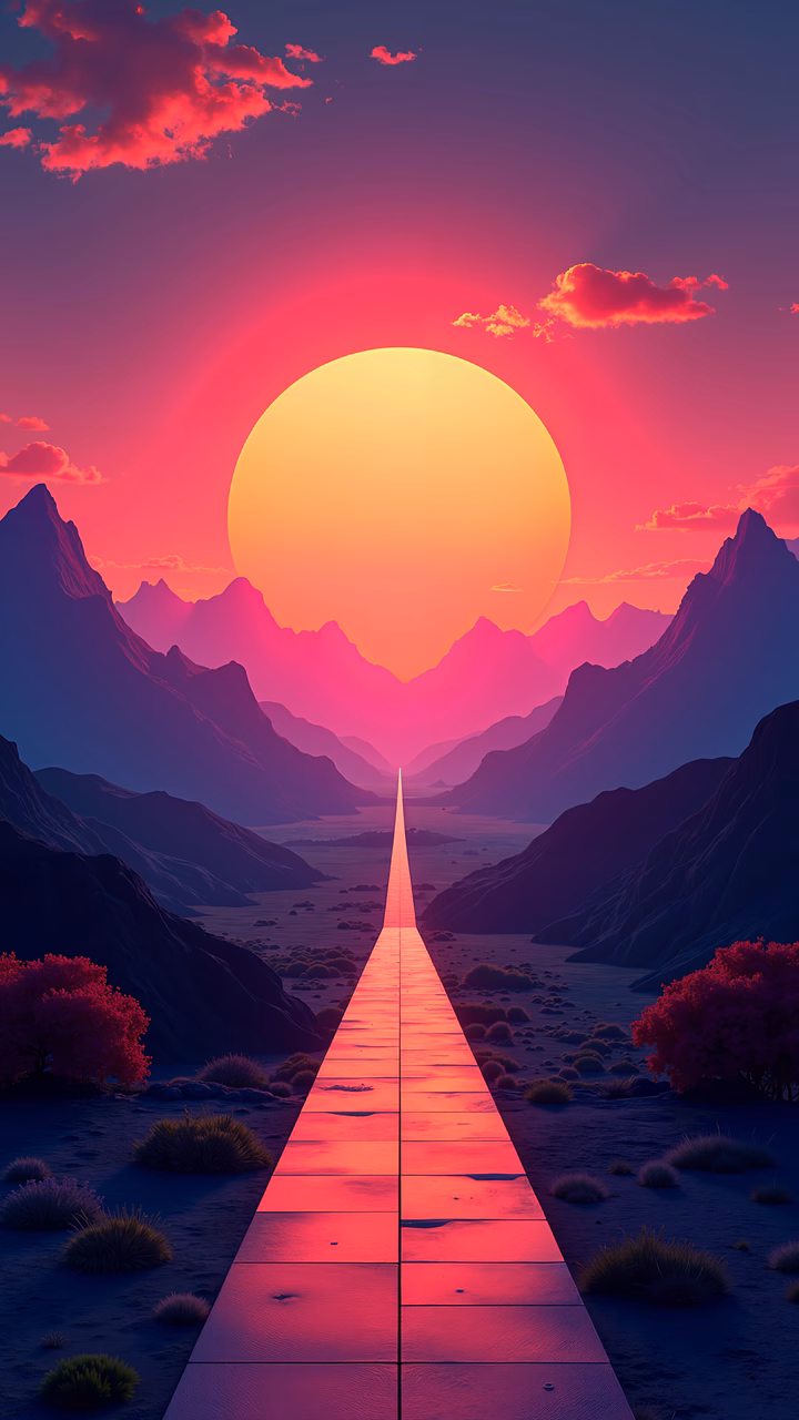 A path leading to the horizon under a vibrant sunset sky.