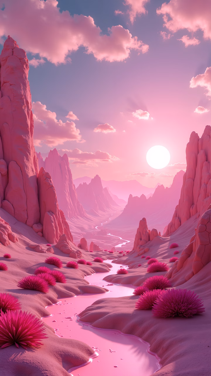 Surreal pink desert sunset with jagged rocks and vibrant shrubs.