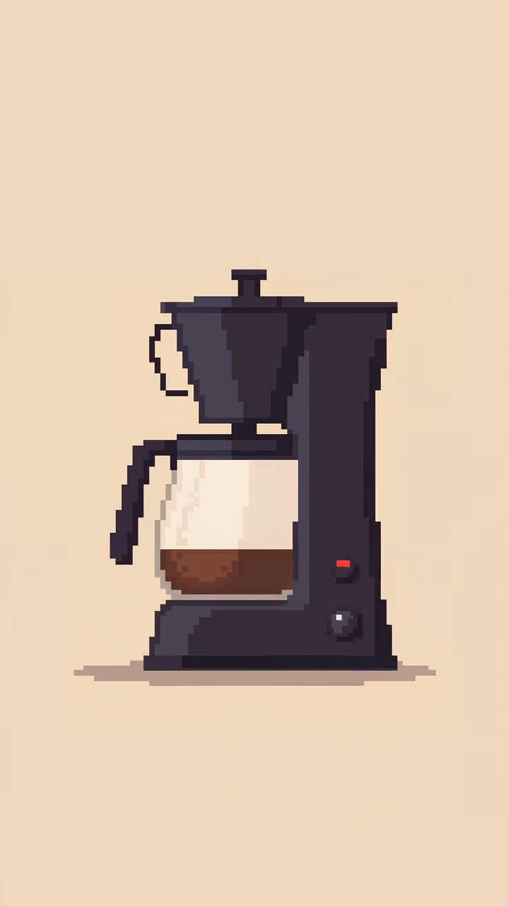 Minimalist pixel art of a vintage coffee maker, perfect for retro enthusiasts.