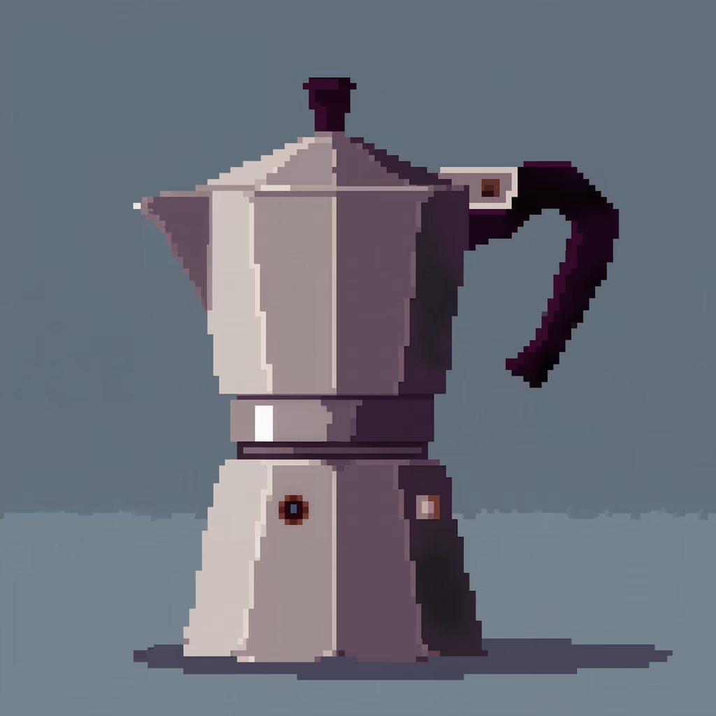 A pixelated retro espresso maker in muted tones, evoking nostalgia.