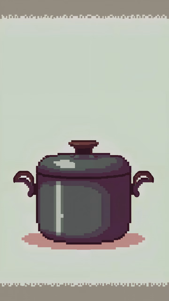 Minimalistic pixel art of a cooking pot in shades of gray and red on a light green background.