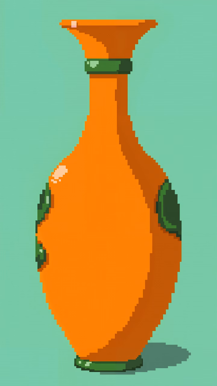 A pixelated vase with green leaf patterns against a teal background.