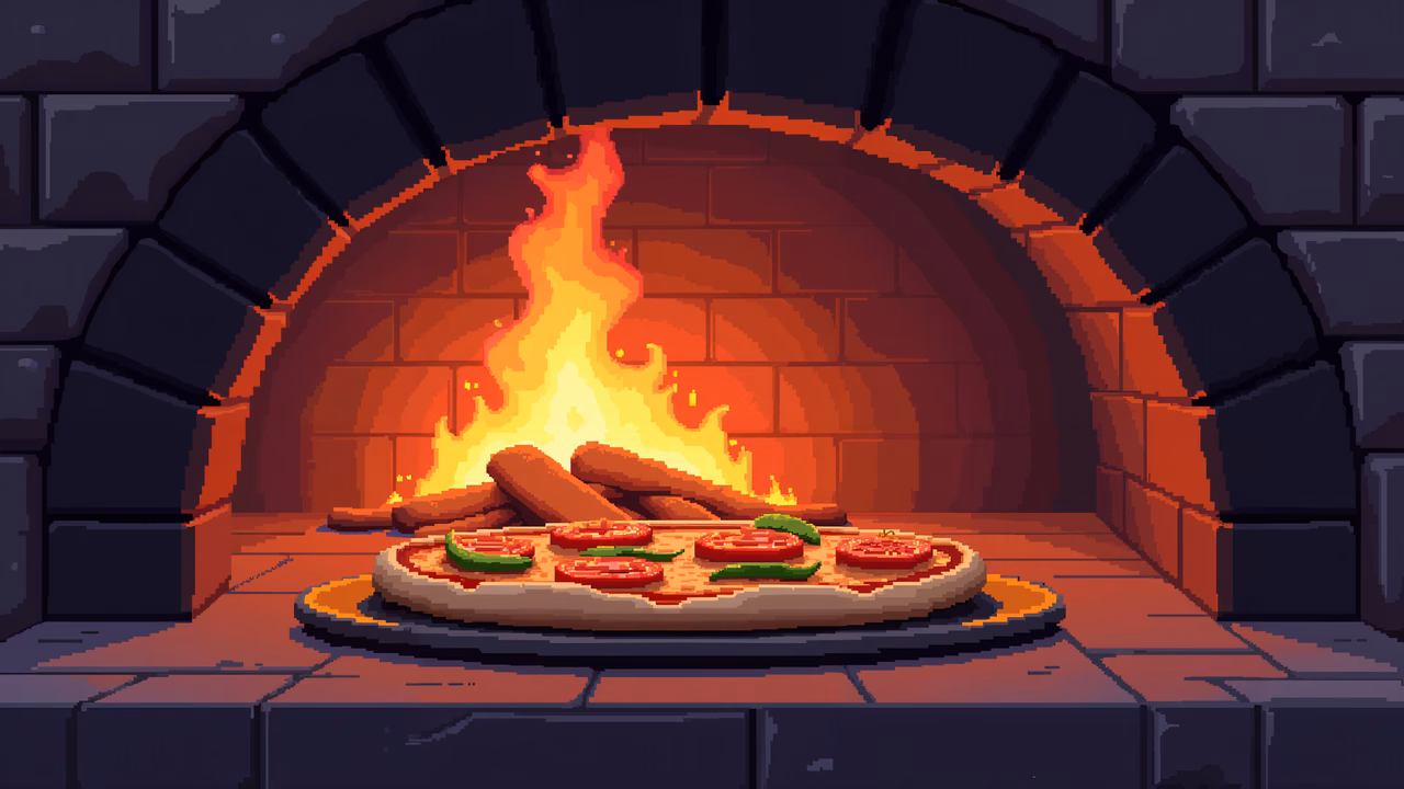 Pixelated pizza oven with warm fire and fresh toppings