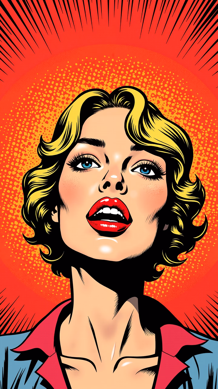 Bold pop art illustration of a striking woman with vibrant colors and dynamic energy.