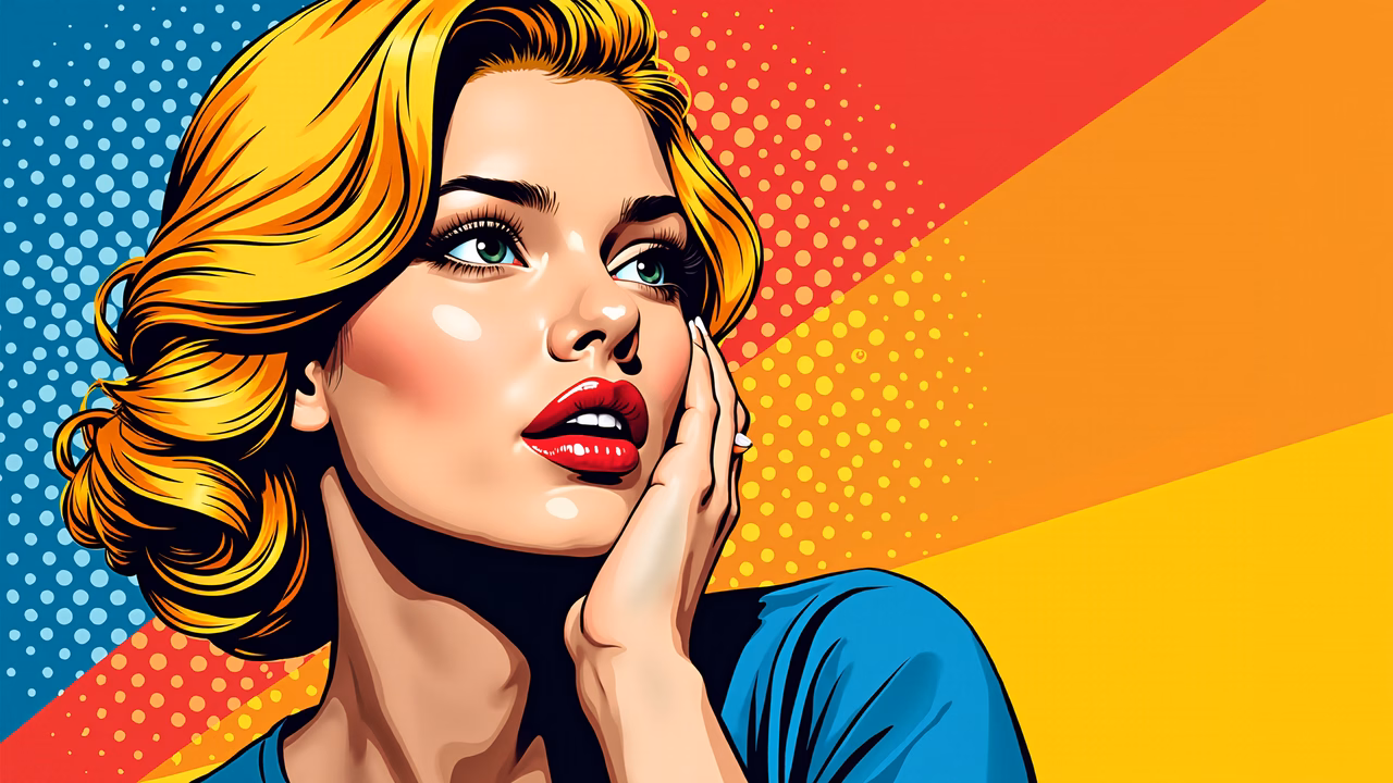 Vibrant pop art portrait of a woman with green eyes and red lips, set against a colorful background.