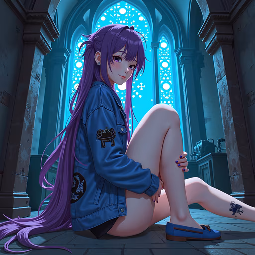 Purple-haired Girl in Gothic Setting