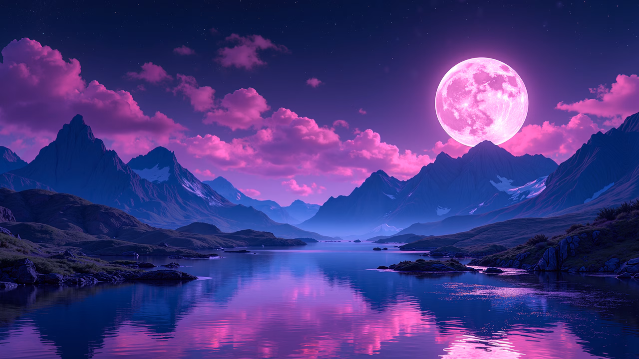 A mesmerizing night landscape featuring a glowing pink moon and reflective waters.