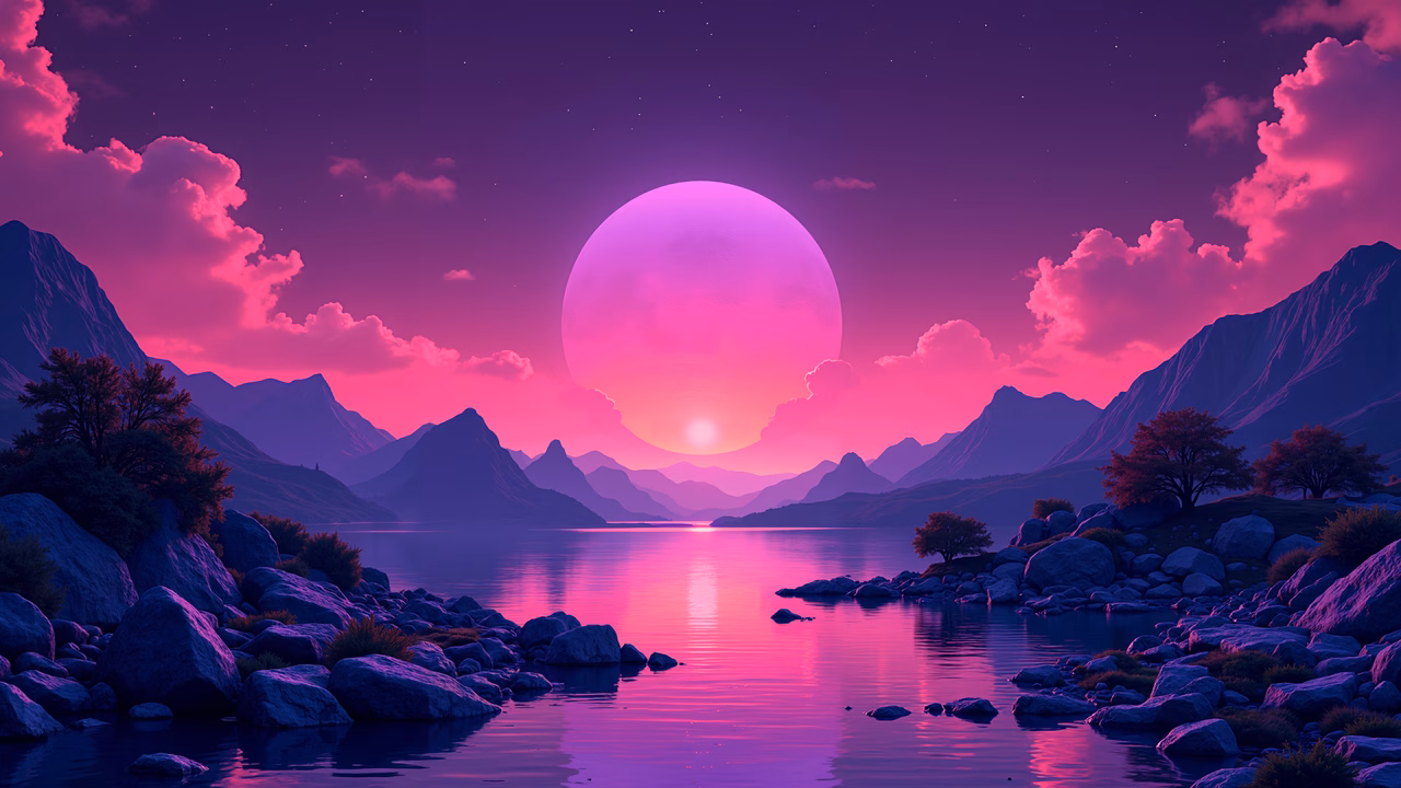 A mesmerizing digital illustration of a purple sunset over a mountainous landscape.