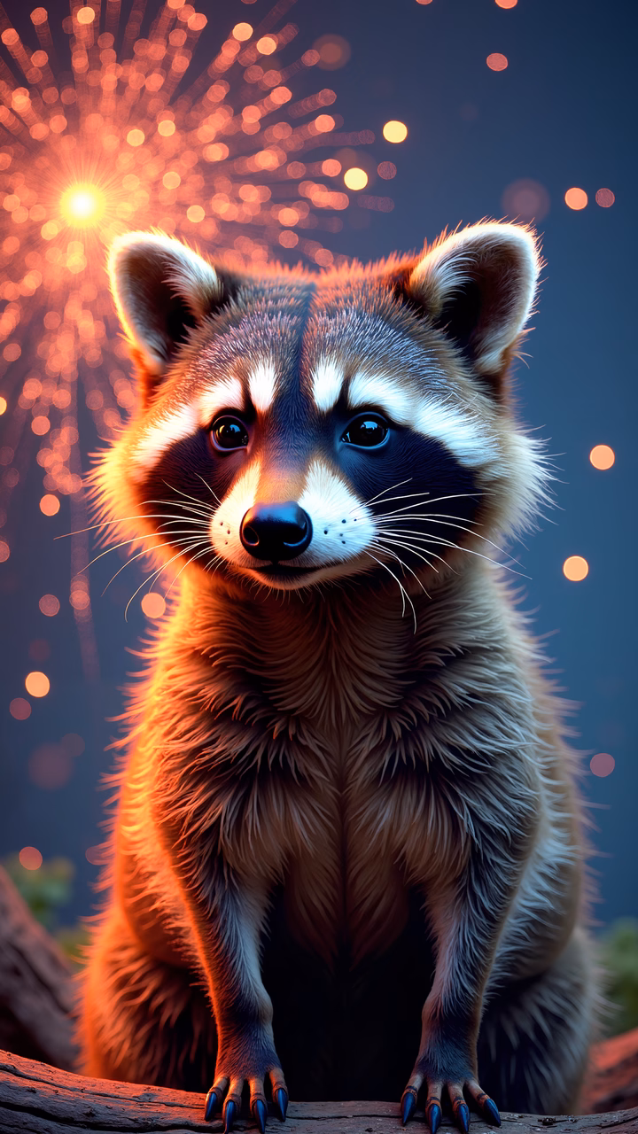 A raccoon stands on a log against a backdrop of fireworks, evoking curiosity and festivity.