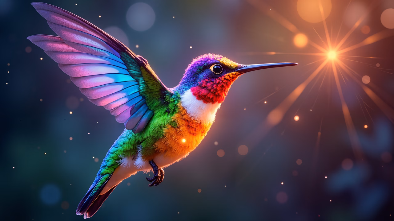 Vibrant hummingbird illustration with iridescent feathers and glowing bokeh lights.