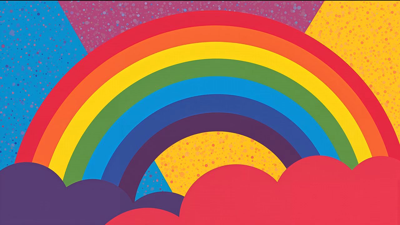 Brightly colored rainbow against a speckled sky backdrop, perfect for children's art.