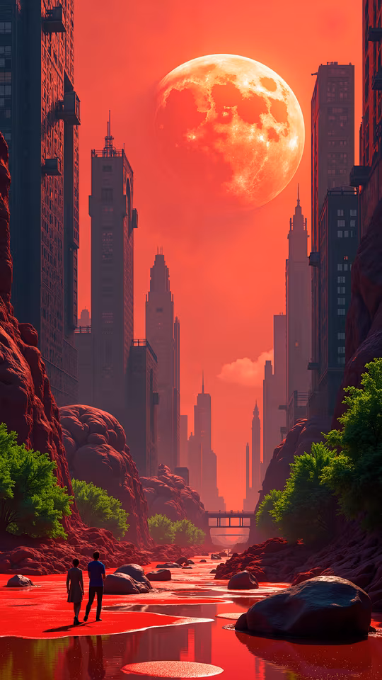 Red Moon Over Urban Oasis