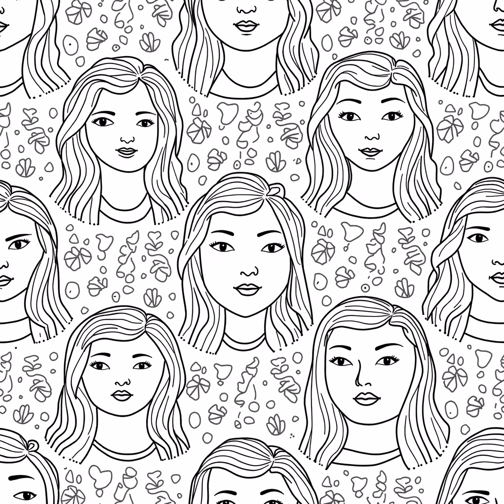 Whimsical grid of diverse faces with floral background, monochrome.