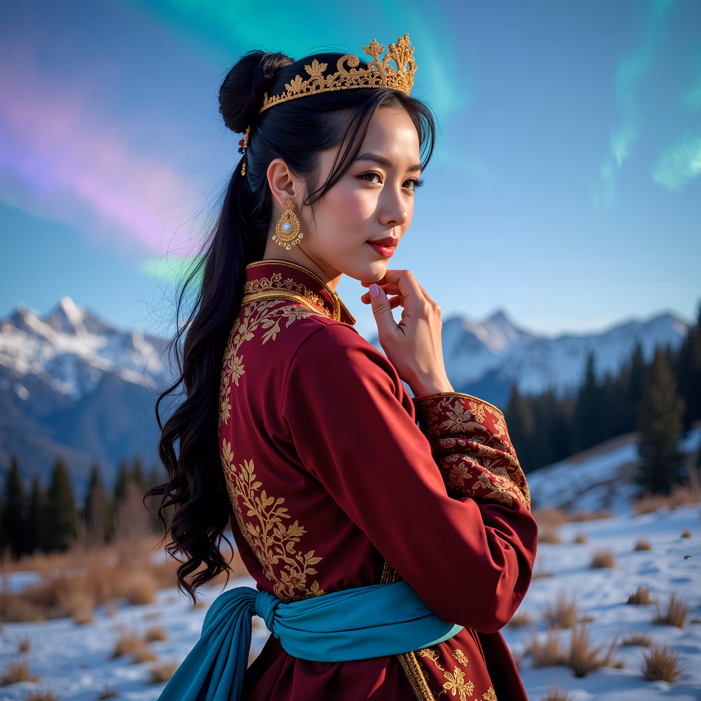 Regal beauty amidst a mystical aurora in a winter wonderland.