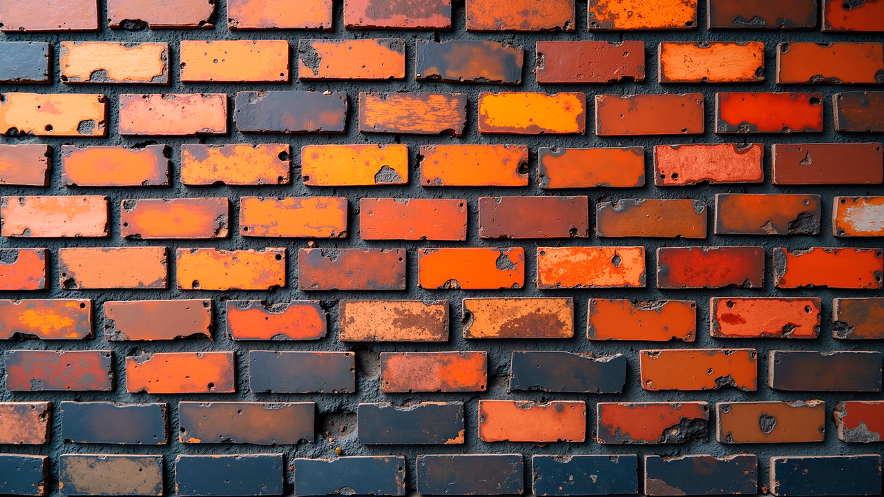 Close-up of a rustic brick wall with vibrant rust tones and dark mortar, evoking nostalgia and decay.