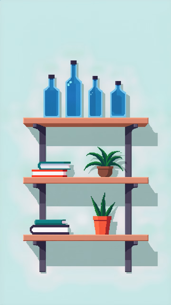 Minimalist shelving with books and plants in a tranquil setting.