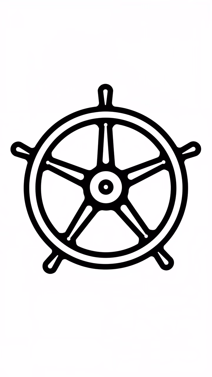 Minimalist black and white illustration of a ship wheel, symbolizing naval heritage.