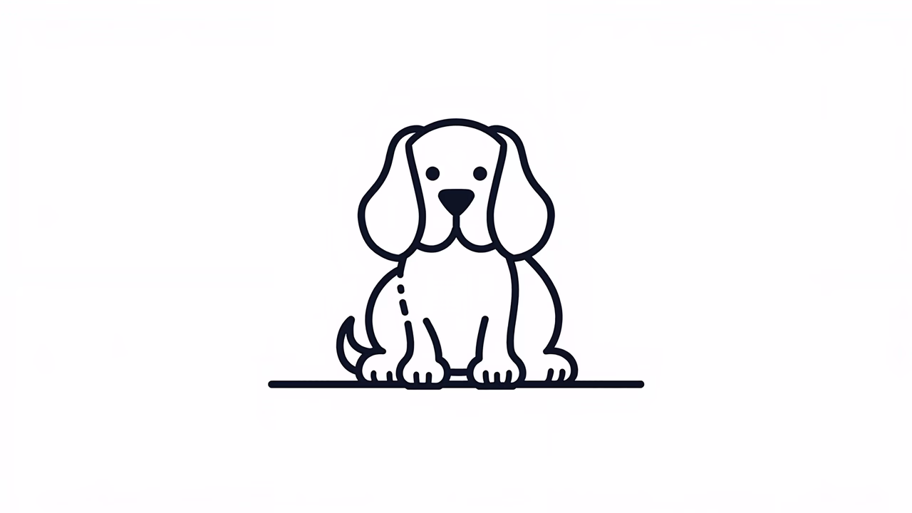 Minimalist black line art of a sitting dog on a white background.