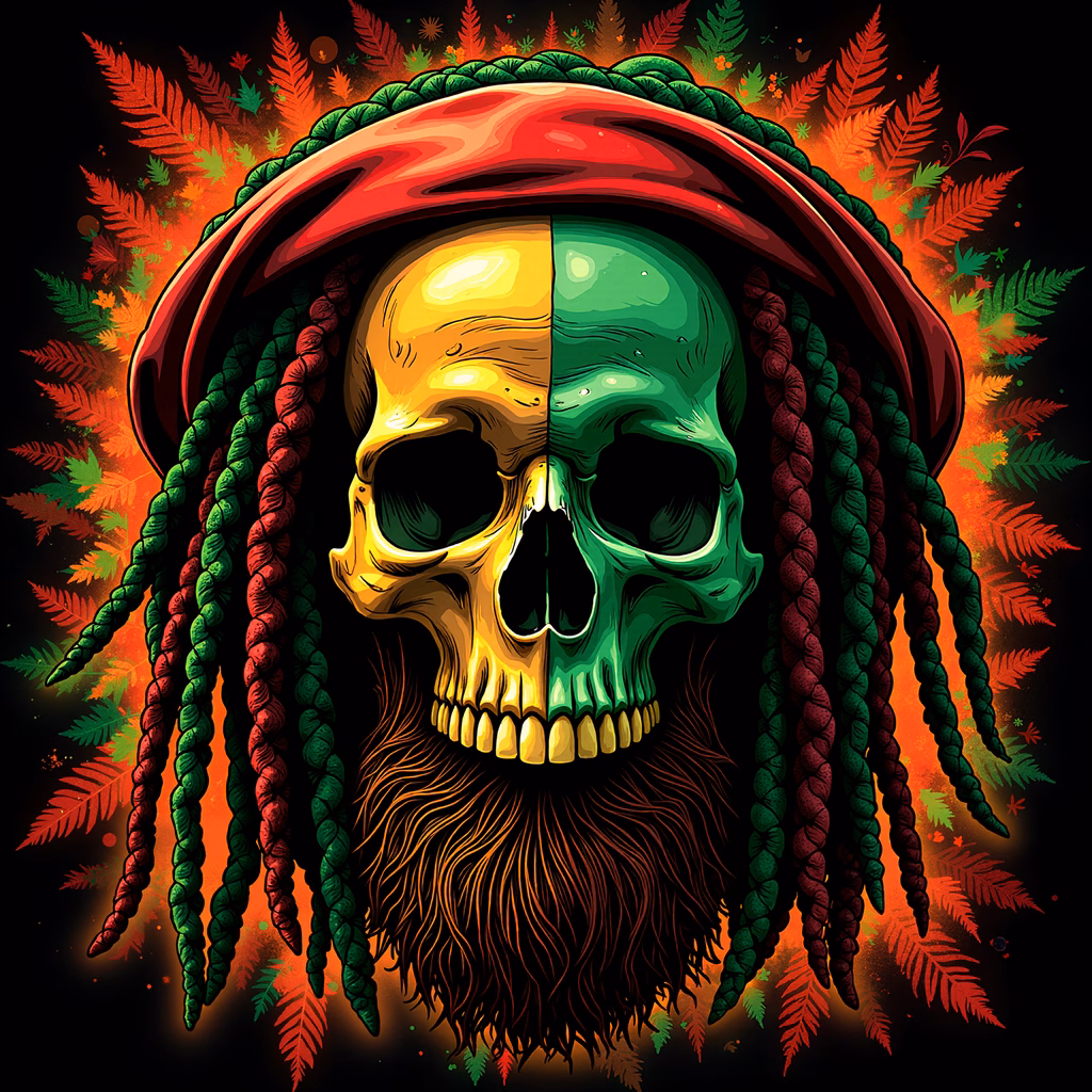 Vibrant skull with split dreadlocks against fiery background, artistic illustration.
