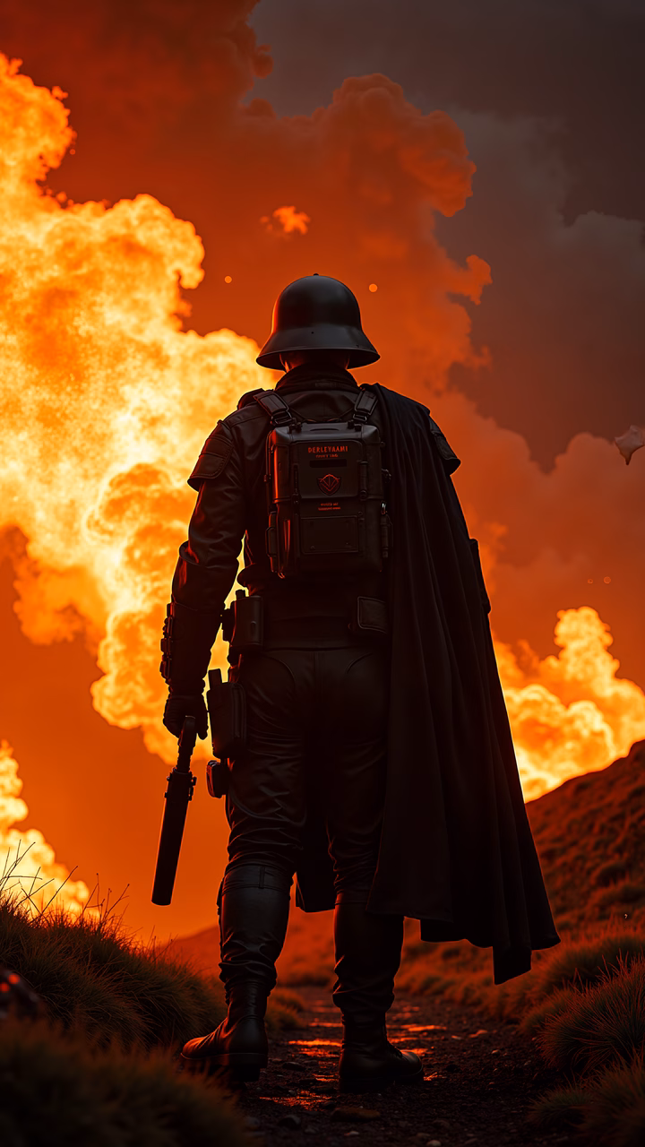 Resolute soldier amidst fiery horizon, dramatic warfare scene.