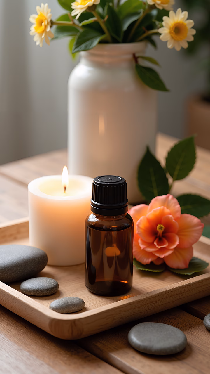 A calming still life with candles, essential oils, and flowers.
