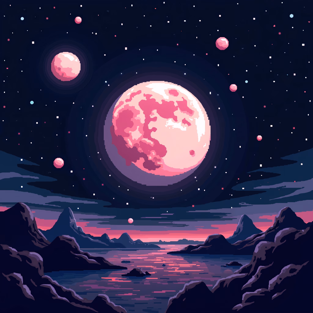 A mesmerizing space fantasy illustration featuring a glowing pink planet and rugged mountains under a starry sky.