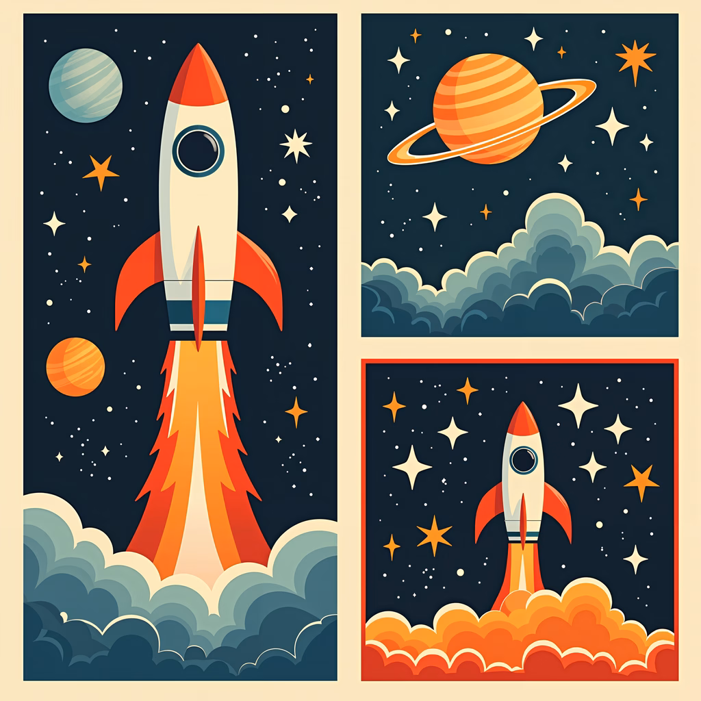 Vibrant space rocket launch illustration, perfect for inspiring dreams of space exploration.