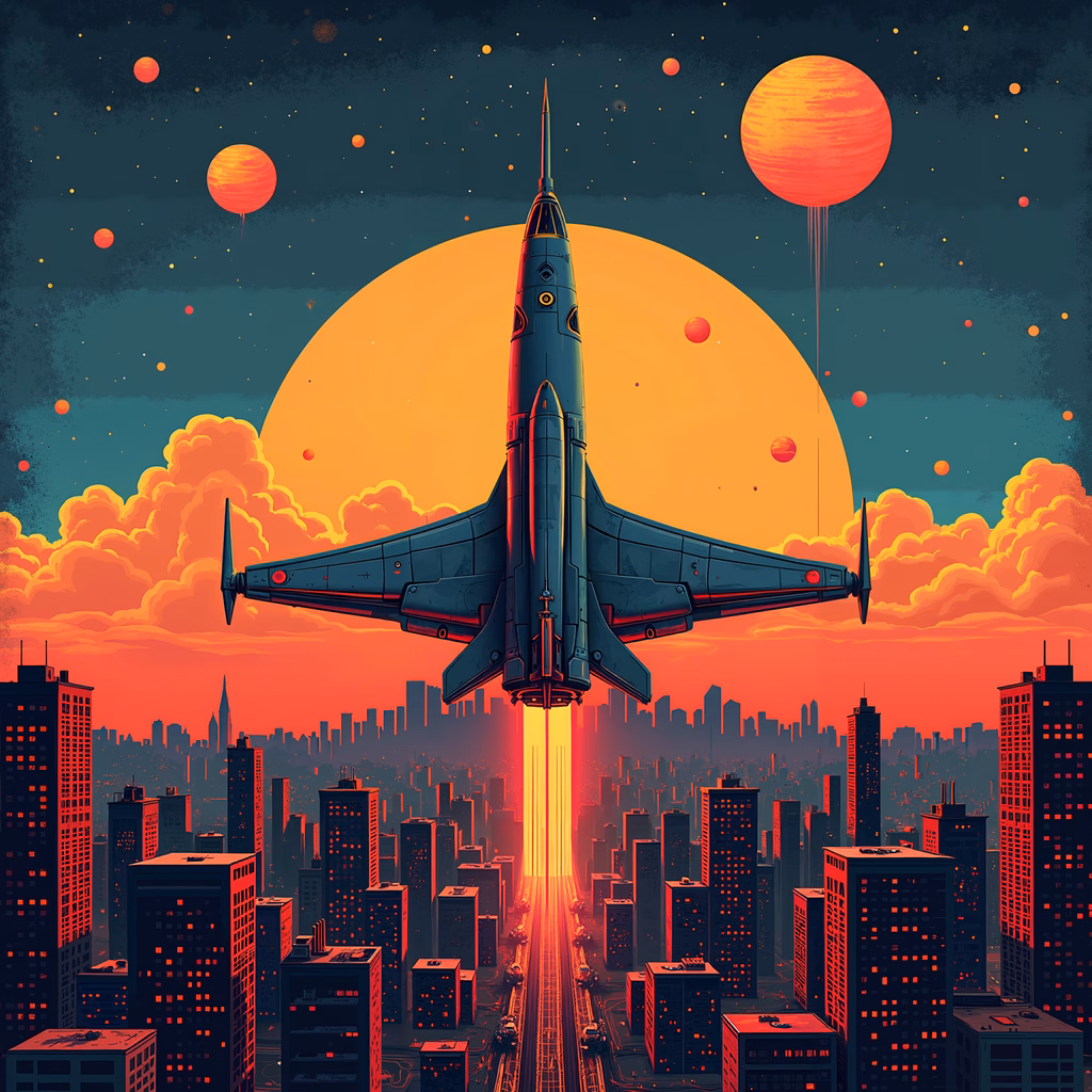 Futuristic spacecraft launching over a vibrant cityscape, set against a cosmic backdrop.