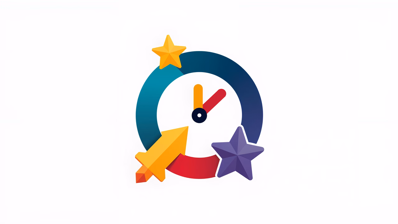 Vibrant speedometer icon with stars and bold colors.