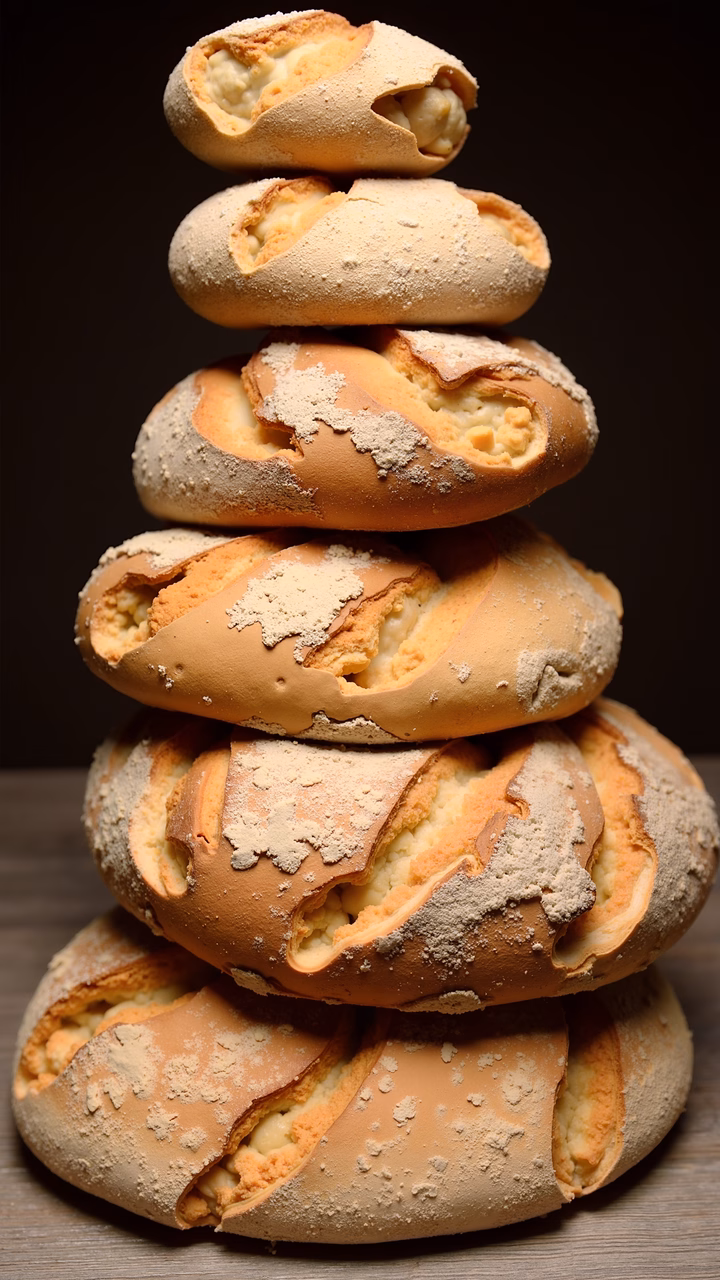 A stack of freshly baked bread, dusted with flour, arranged in a pyramid-like structure.