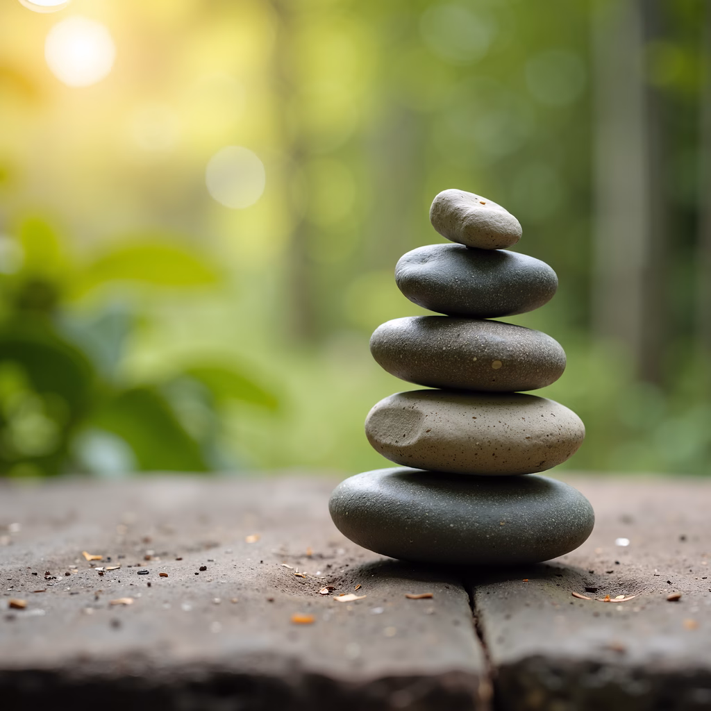 A peaceful stack of stones against a blurred green backdrop.