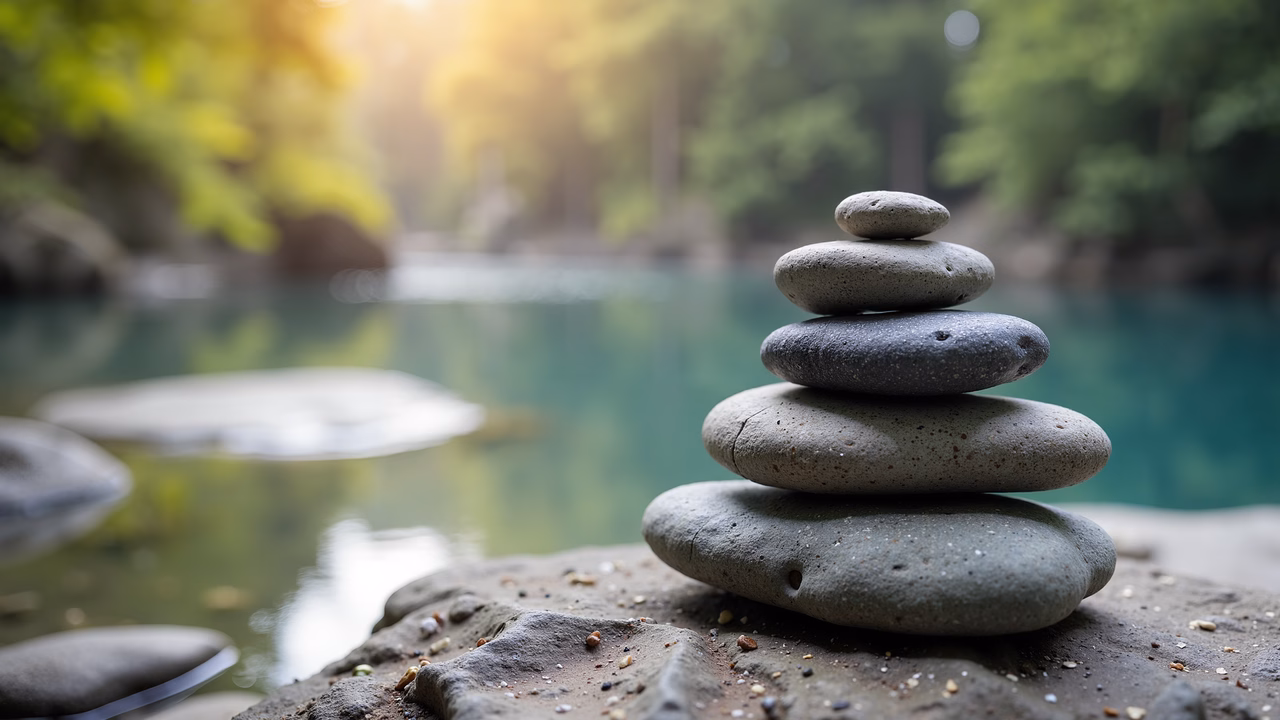 Stacked stones by a serene river, evoking tranquility and balance.