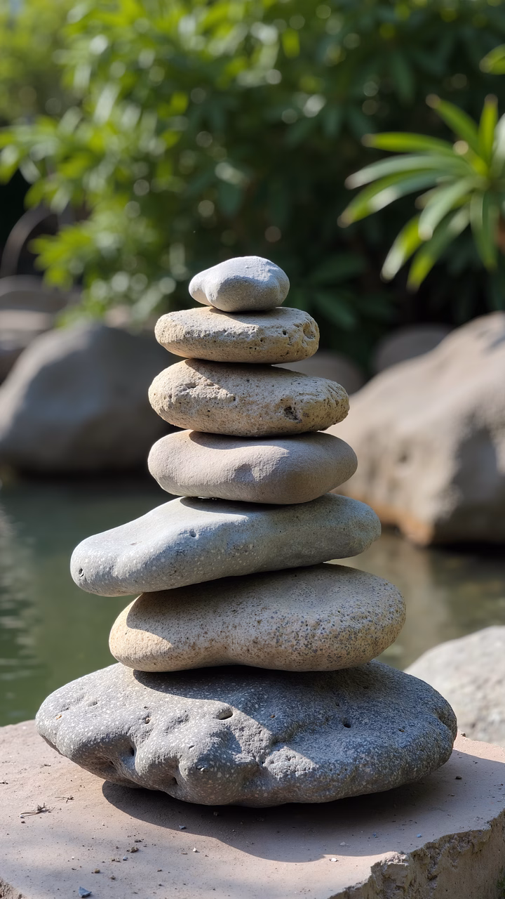 A peaceful stack of stones against a green backdrop, symbolizing balance and tranquility.