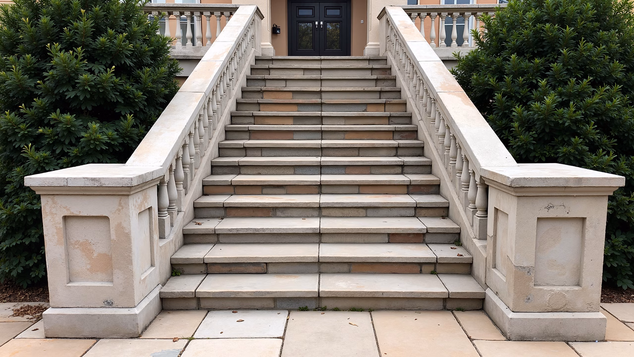 Symmetrical staircase with ornate balusters and lush green shrubs.