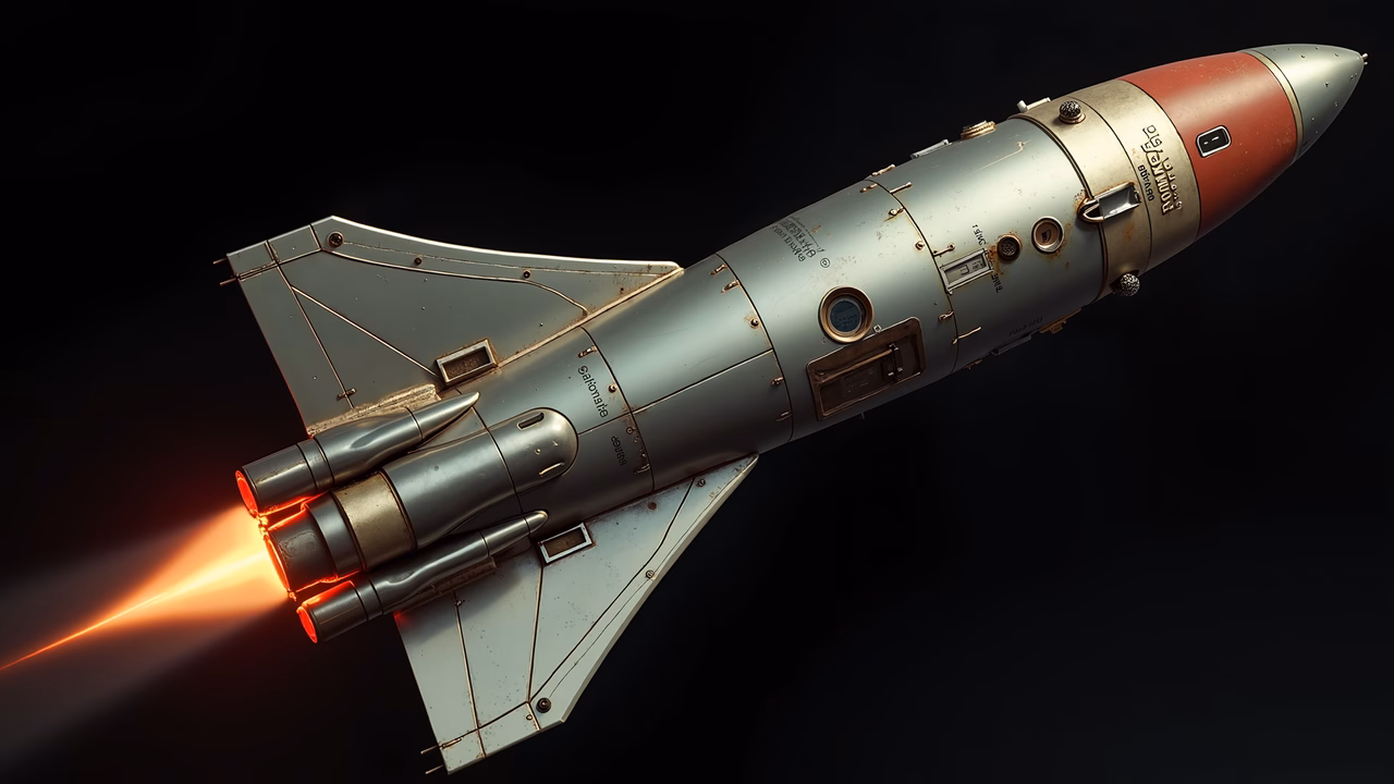 A detailed illustration of a futuristic rocket launching into space.