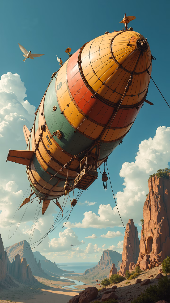 Steampunk airship flying over a desert landscape, blending industrial and natural elements.