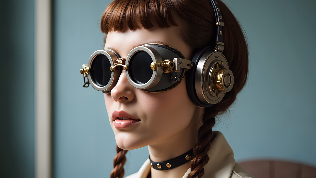 Steampunk goggles with brass details and a vintage aesthetic.