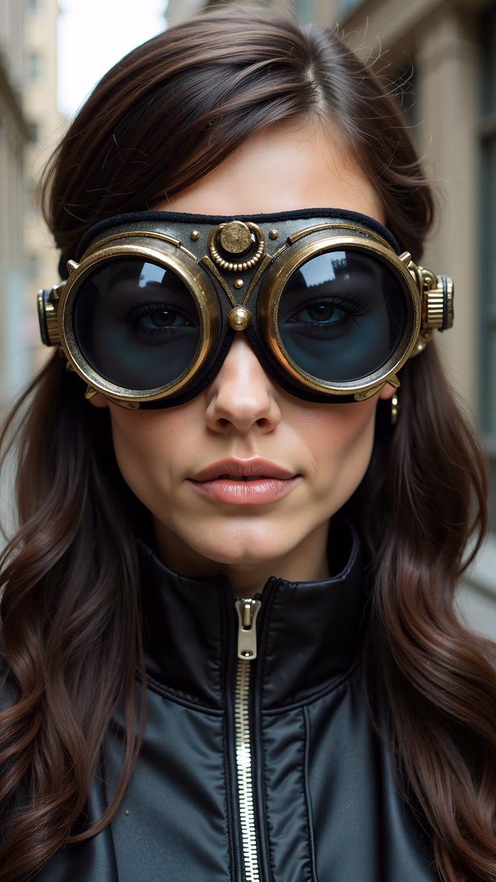 Close-up of steampunk goggles on a person in a black leather jacket, set against an urban backdrop.