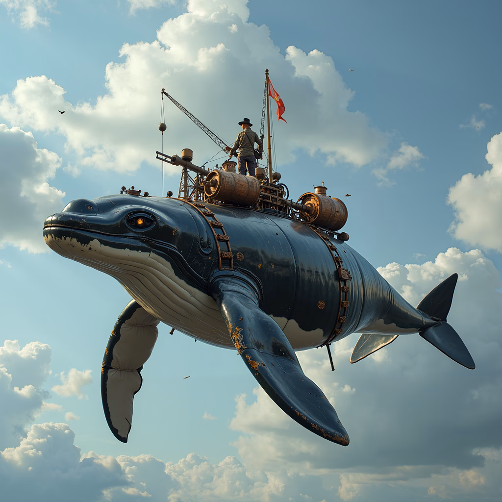 A steampunk whale with a figure atop, floating in a vibrant sky.