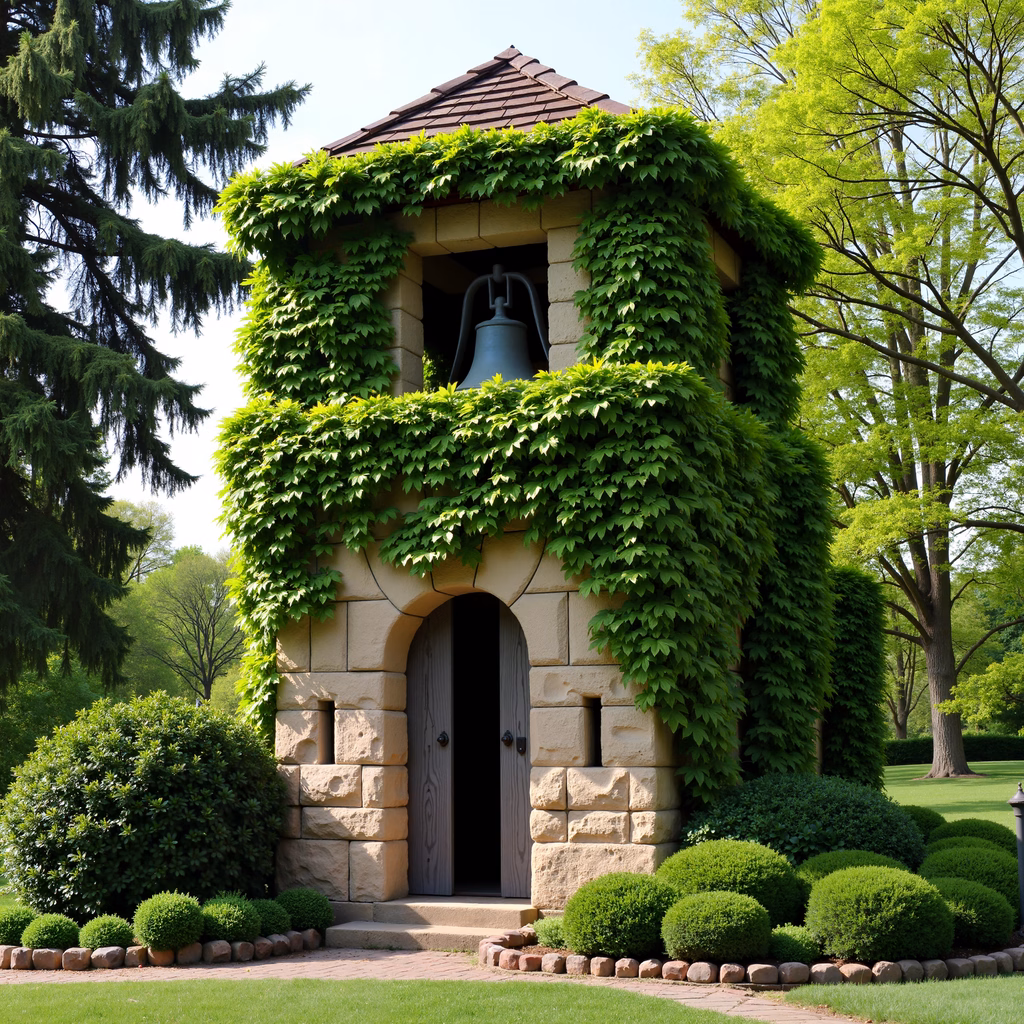 A stone bell tower covered in ivy amidst a serene garden setting.