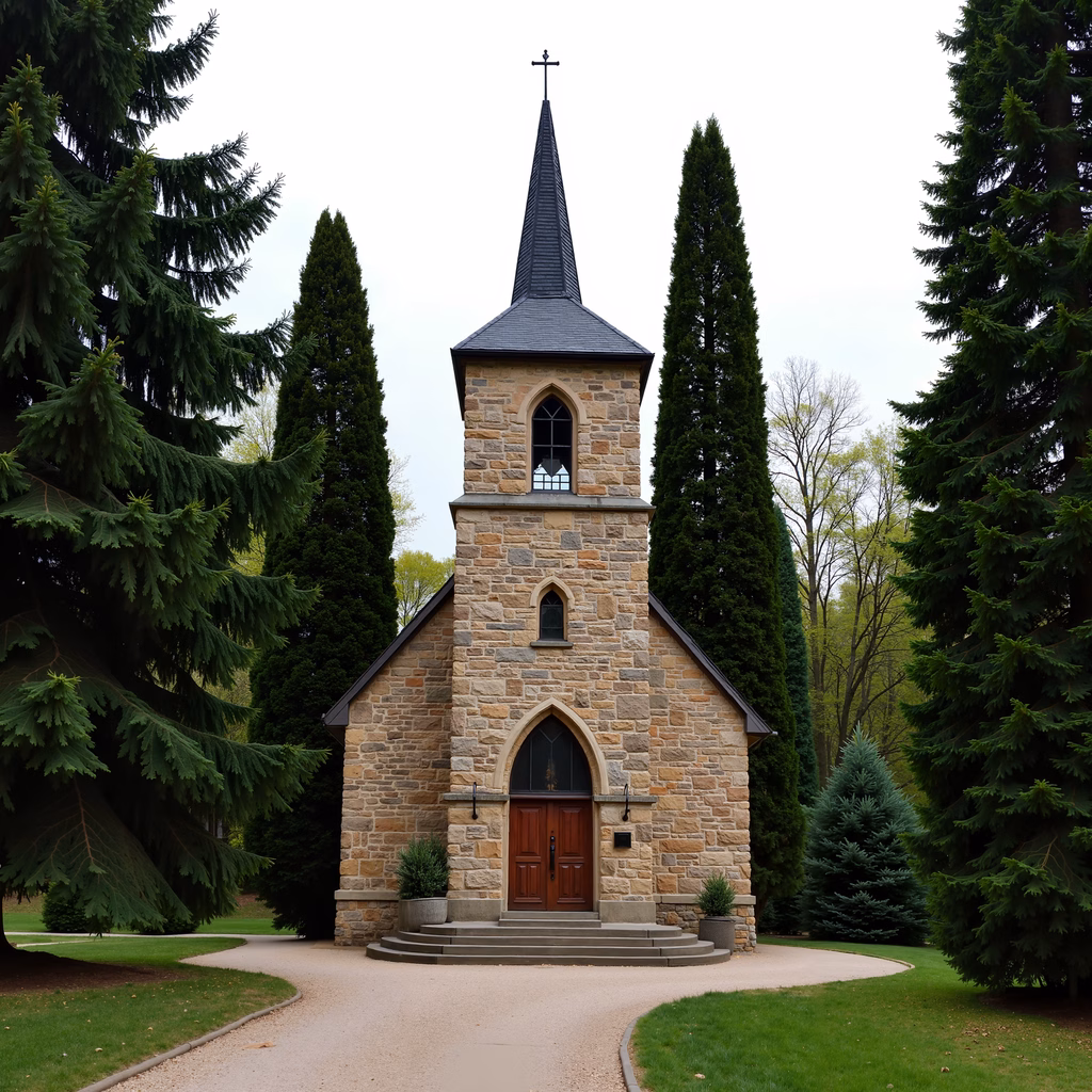A stone chapel surrounded by tall evergreen trees, evoking a sense of peace and tranquility.