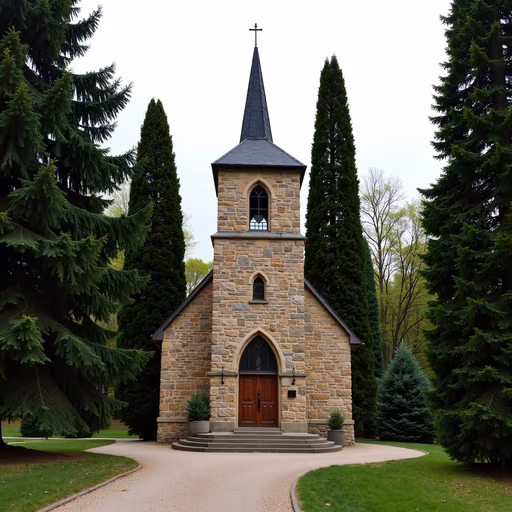 Stone Chapel Among Evergreens