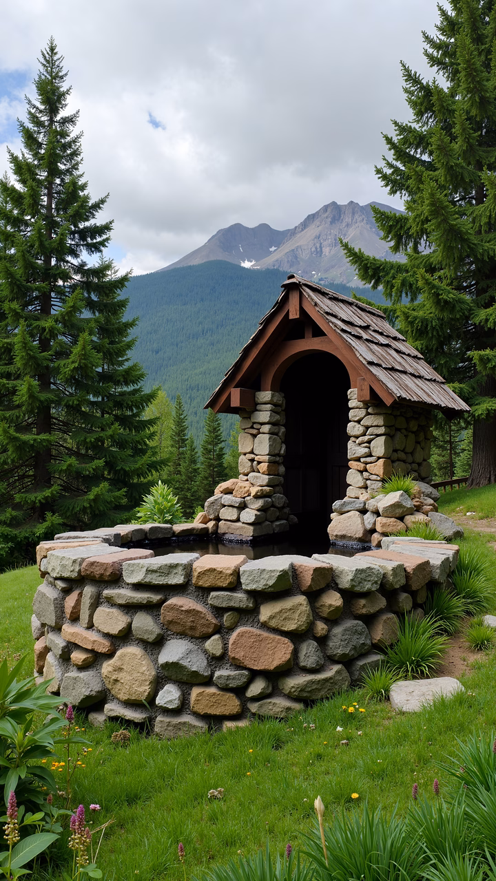Rustic stone well surrounded by lush greenery and towering mountains.
