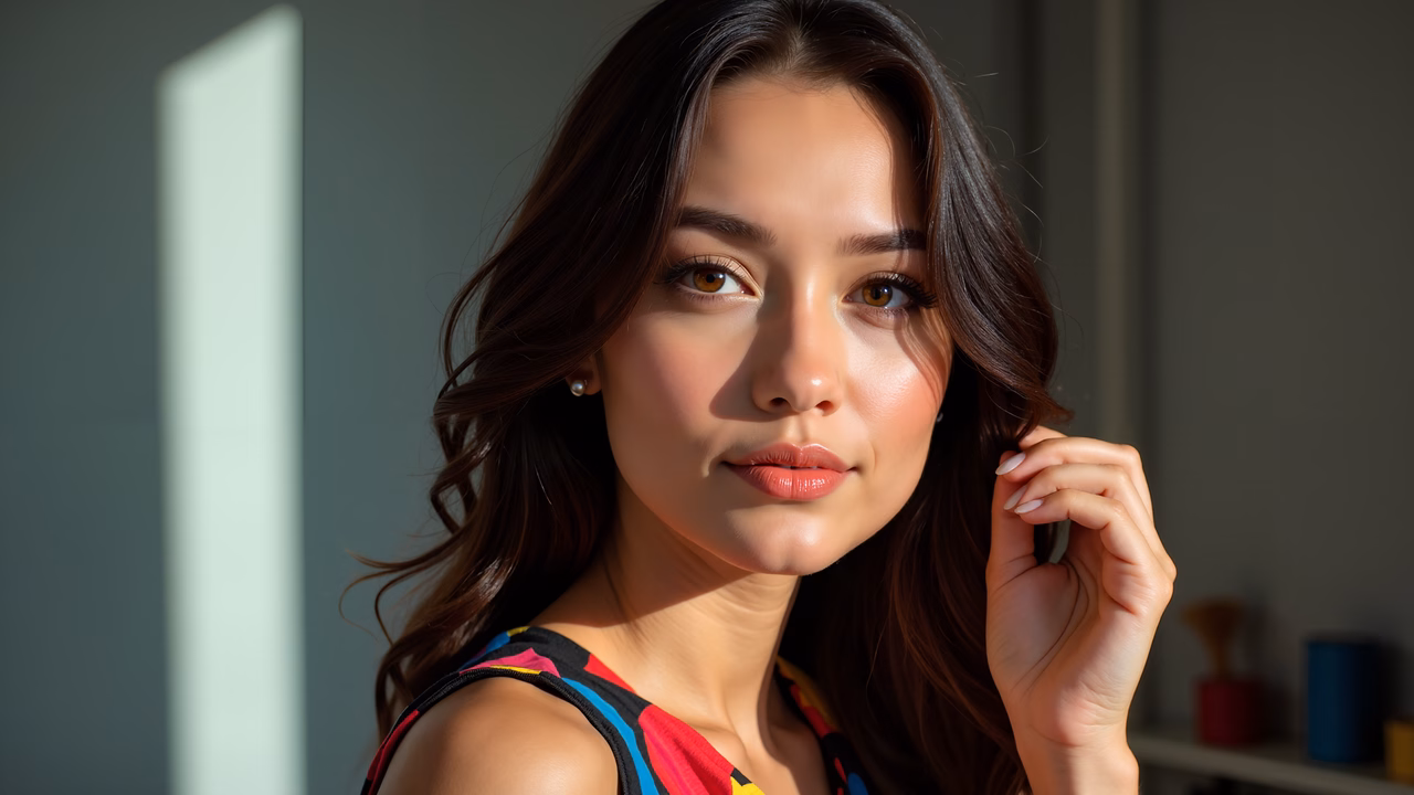 Close-up portrait of a woman with wavy hair and colorful top, illuminated by natural sunlight.