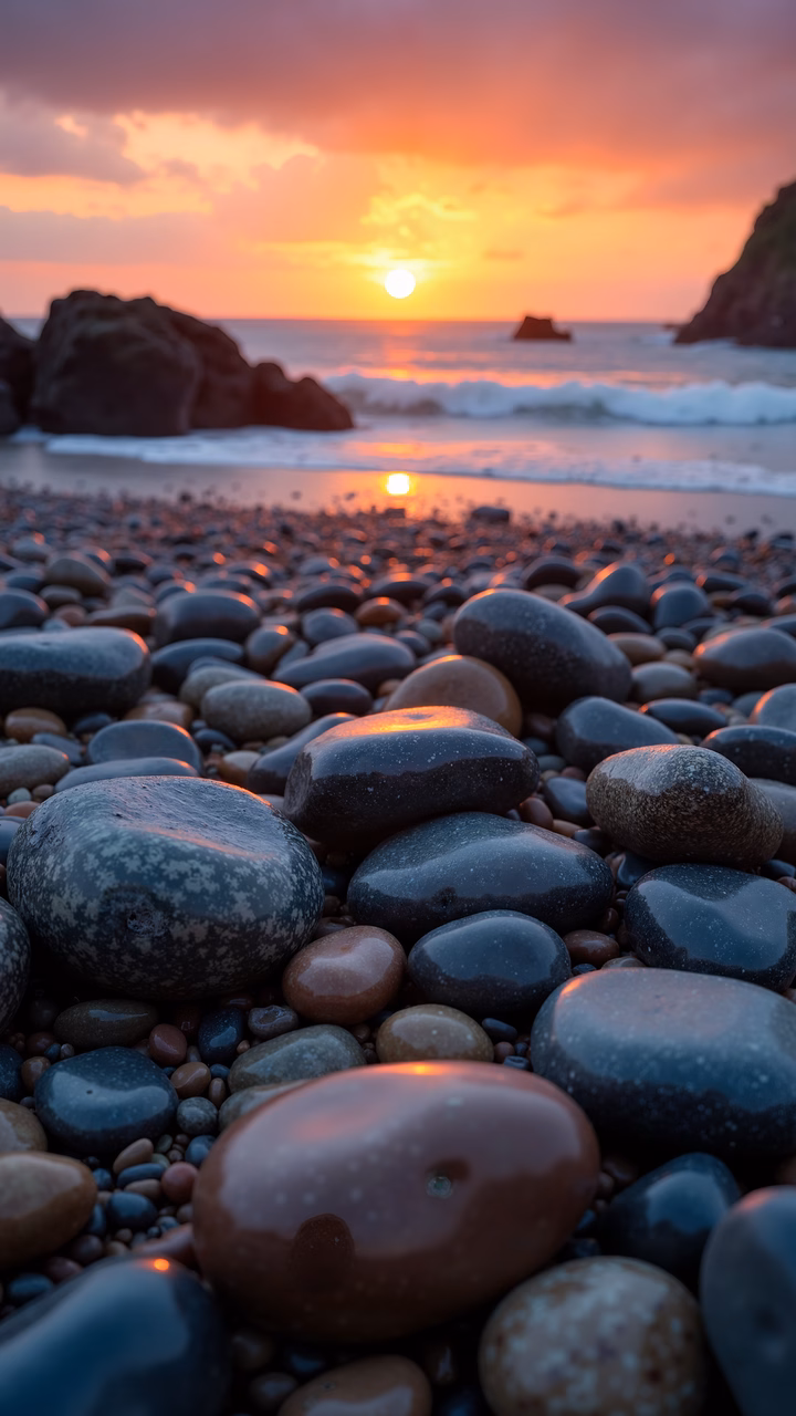 A peaceful sunset over a pebble beach with smooth rocks and ocean waves.