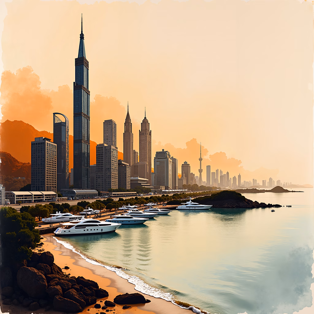 A tranquil sunset over a modern city skyline with boats and a sandy beach.