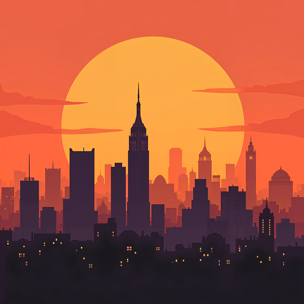 A serene cityscape at sunset, featuring a vibrant orange sky and silhouetted buildings.