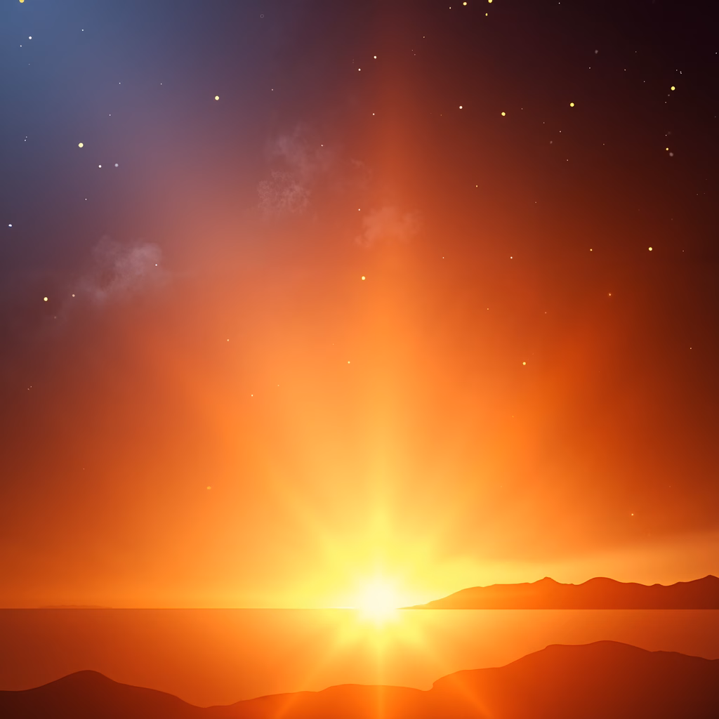 A tranquil sunset scene with warm colors and silhouetted landscapes.